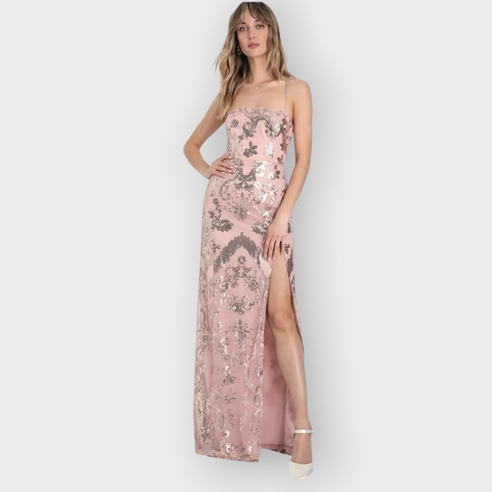 Lulus‎ Captivating Stunner Dusty Rose Sequin Lace-Up Maxi Dress Small